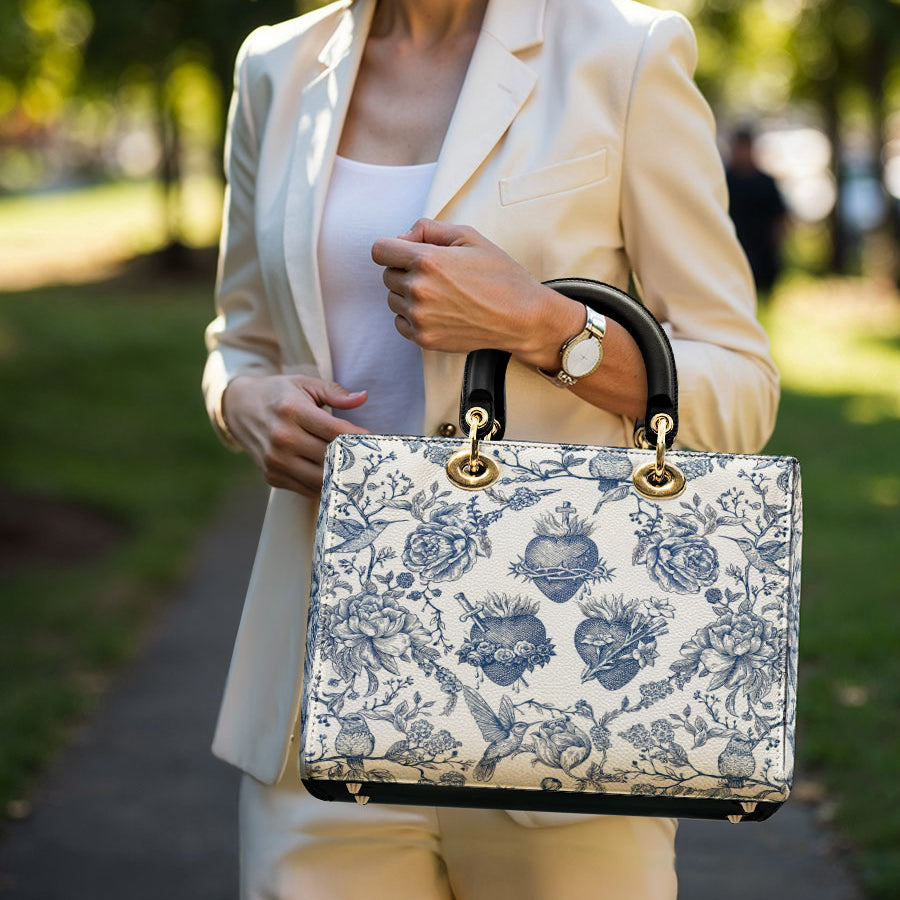 Catholight Sacred Elegance: Blaue und weiße Devotion-Damenledertasche