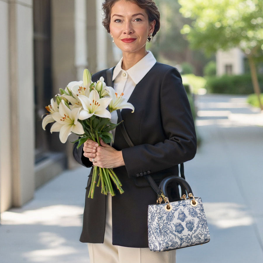 Catholight Sacred Elegance: Blaue und weiße Devotion-Damenledertasche