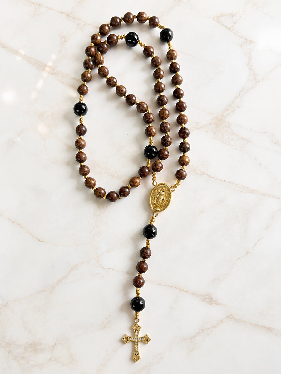 Catholight Carmel Faith Natural Wood & Black Agate Rosary