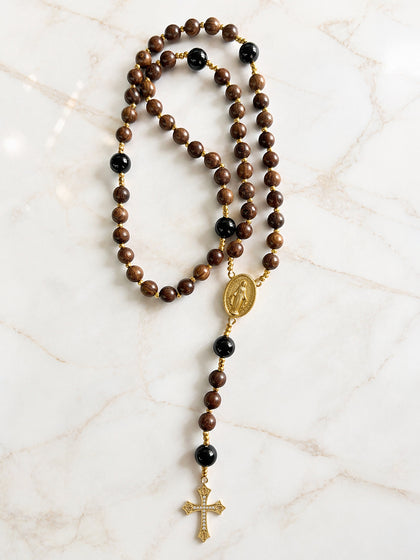 Catholight Carmel Faith Natural Wood & Black Agate Rosary